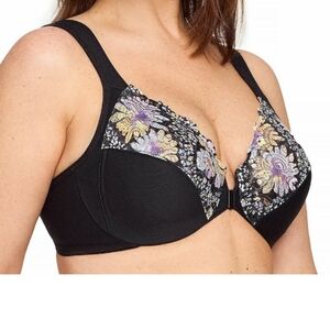 Glamorise Black and Pastel Floral Full-Coverage Bra 46H Front Close